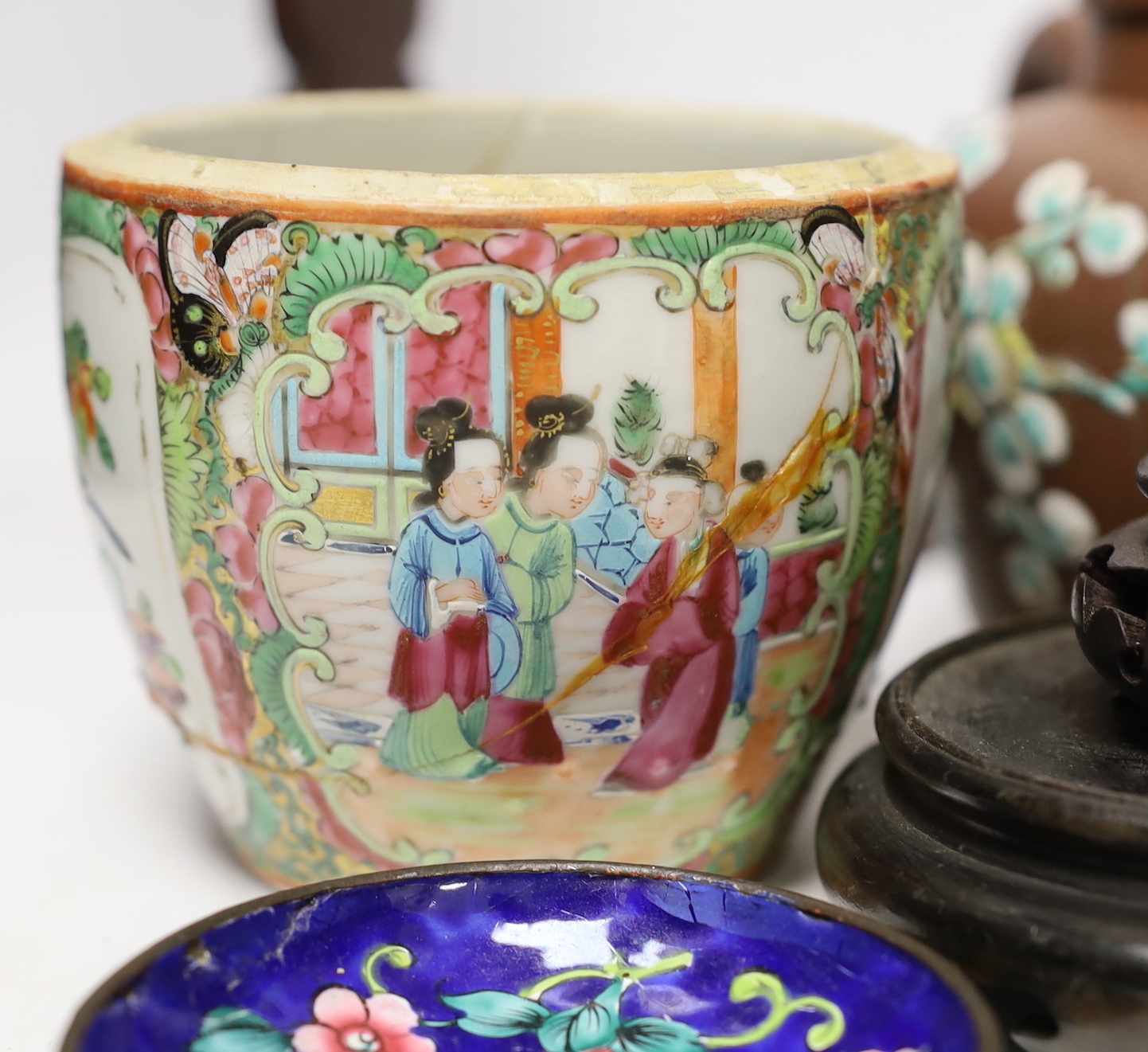 A collection of Chinese vases, pots and carved hardwood stands (18)